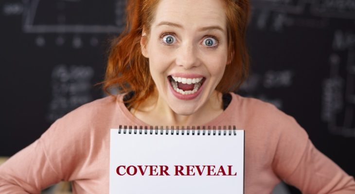 Cover Reveal sign being held by an excited redheaded woman in a pink shirt with glasses on her head