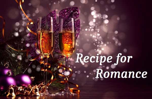 Recipe for Romance Two champagne glasses against a purple sparkly background with bells and ribbons at their base