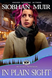 In Plain Sight by Siobhan Muir Pink haired white woman with nervous expression wearing a black scarf over a tan coat on a small town background, nighttime